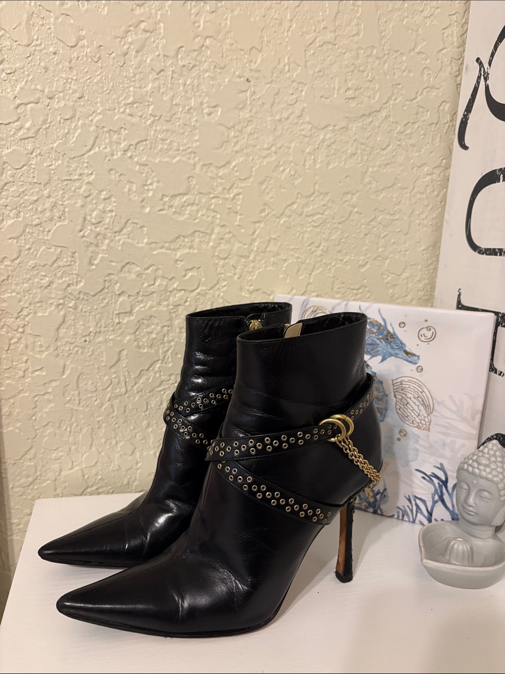 Jimmy Choo Black Leather Pointed-Toe Stiletto Ankle Boots with Gold Chain